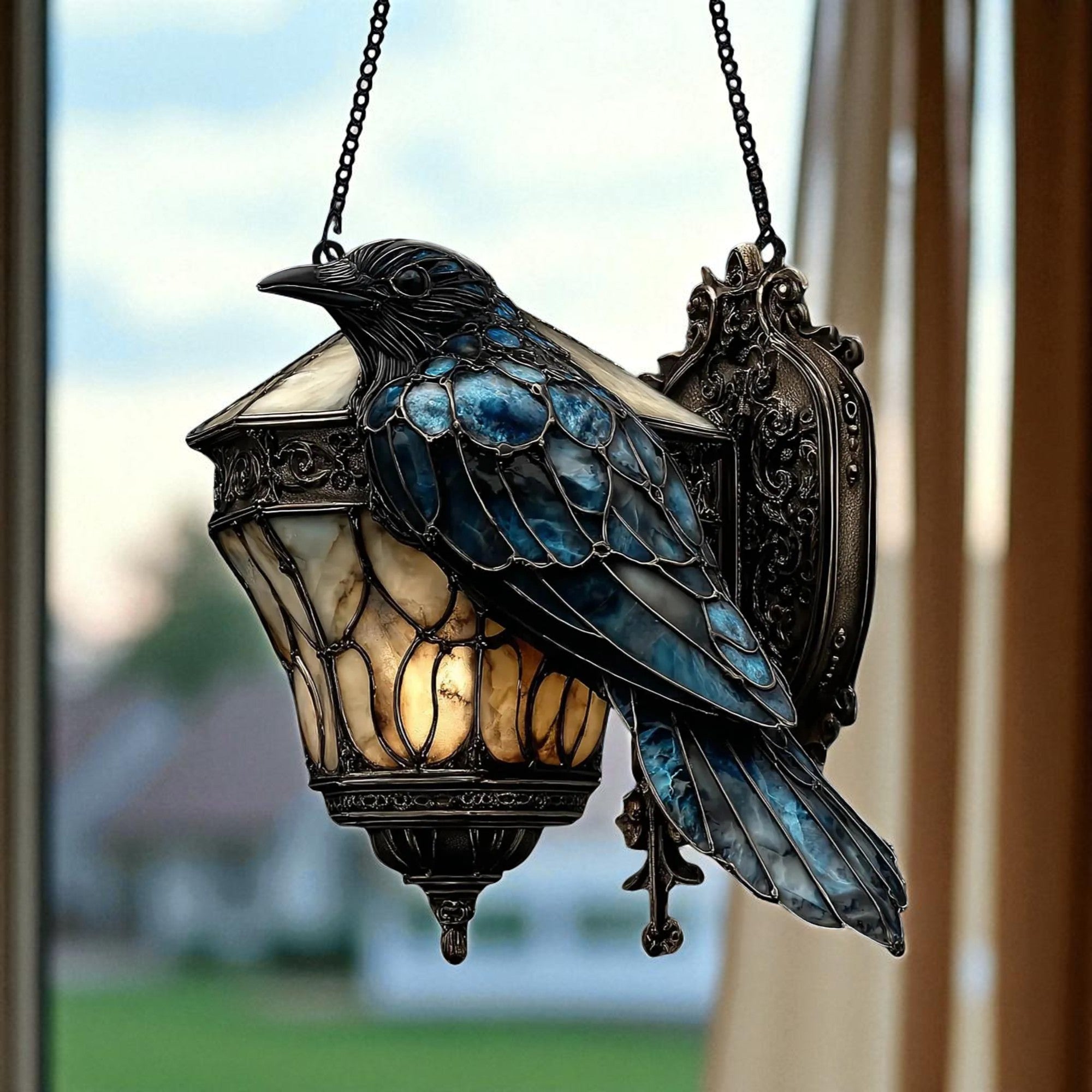 Raven Gothic Lantern Acrylic Suncatcher – 2D Faux Crow on Lamp