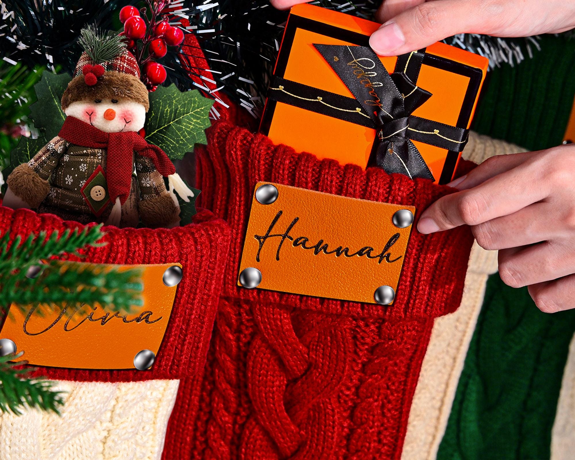 Personalized Christmas Stockings, 2025 Custom Stocking with Name, Knitted Stockings, Engraved Leather Patch Stockings