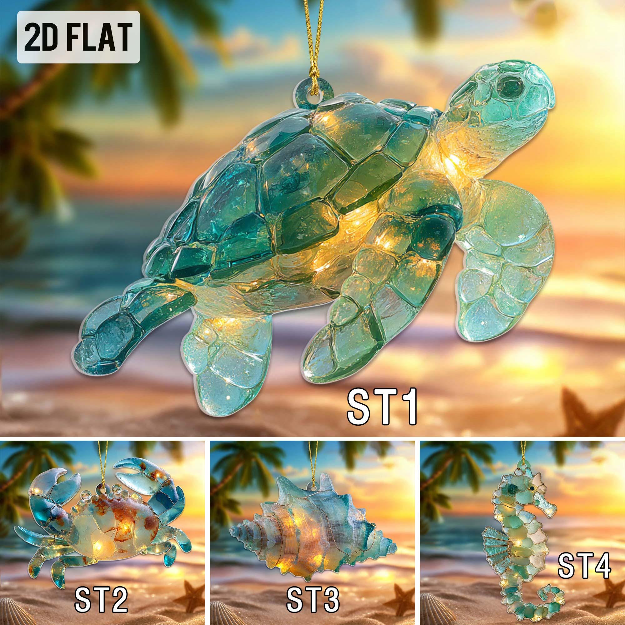 Sea Glass Ocean Ornament Set, 2D Flat Turtle Crab Shell Seahorse Christmas Decorations, Coastal Beach Decor, Sea Animal Christmas Decor