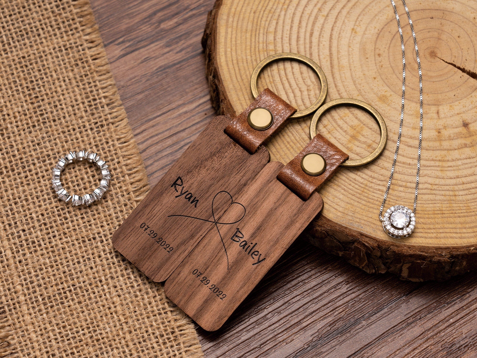 Personalised Wood Couple Keychain, Engraved Keyrings for Couple, Gift For Boyfriend or Husband