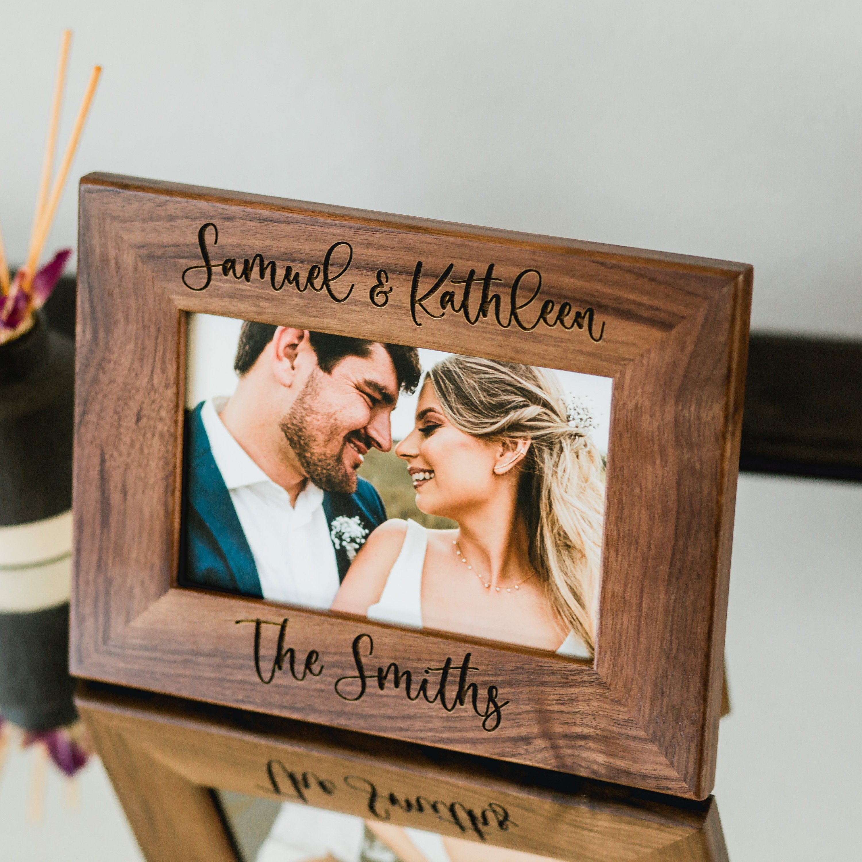 Engraved Wood Frame - Custom Personalized Walnut Photo Frame, 5th Anniversary, Picture Print Display Engagement Wedding Gift for Bride Groom