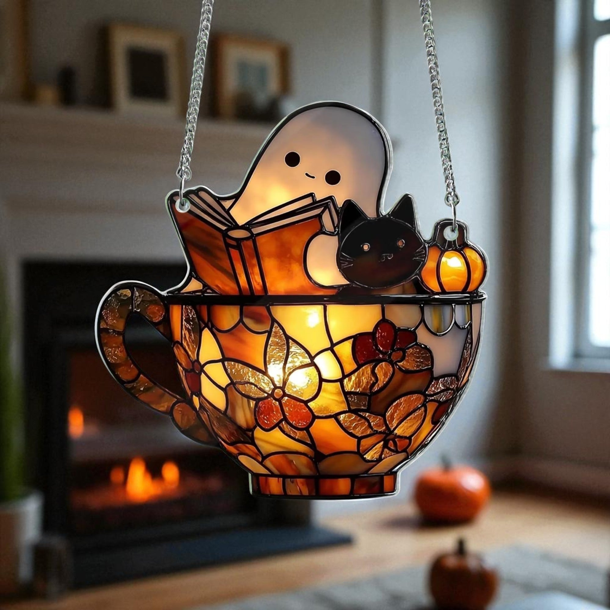Cute Ghost Reading & Black Cat in Teacup Acrylic Suncatcher – Spooky Bookish Window Hanging, Halloween Bathroom or Library Decor