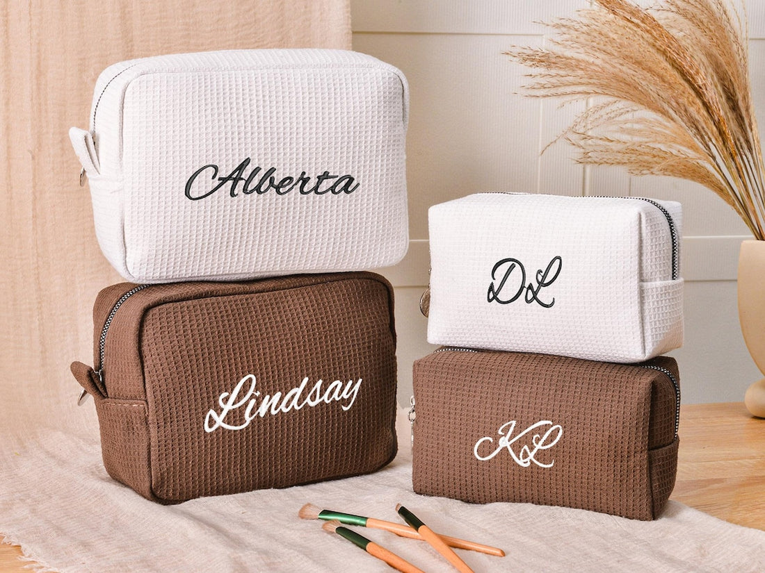Personalized Name Waffle Cosmetic Bag, Embroidered Monogram Makeup Bag, Bridesmaid Makeup Bag