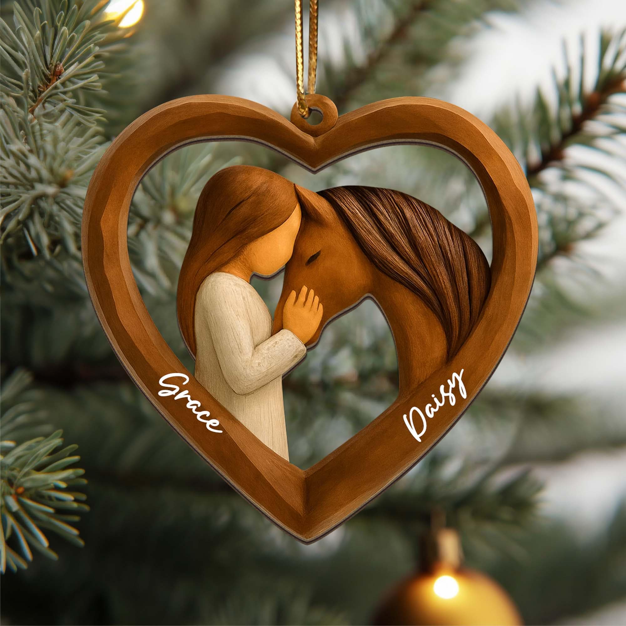 Personalized Horse and Girl Heart 2 layered Wooden Ornament, Carving Horse Lover Acrylic - Wooden Ornament, Gift for Women and Horse Owners
