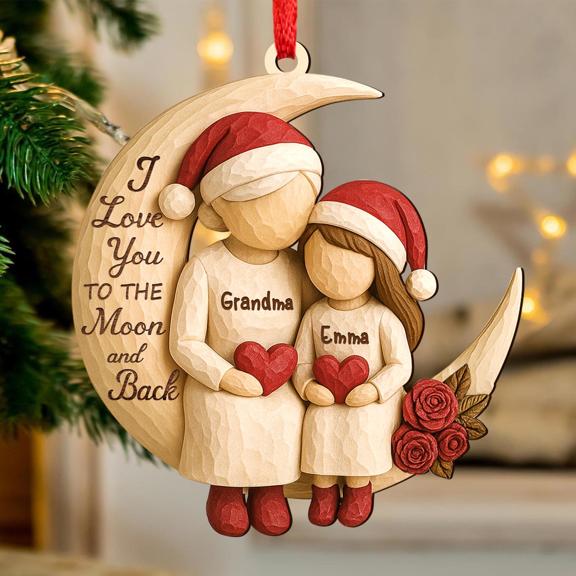 Custom Grandma Grandkids on Moon Ornament, Grandma Christmas Keepsake, Heartfelt Christmas Gift from Grandkids, 2D Wooden Ornament