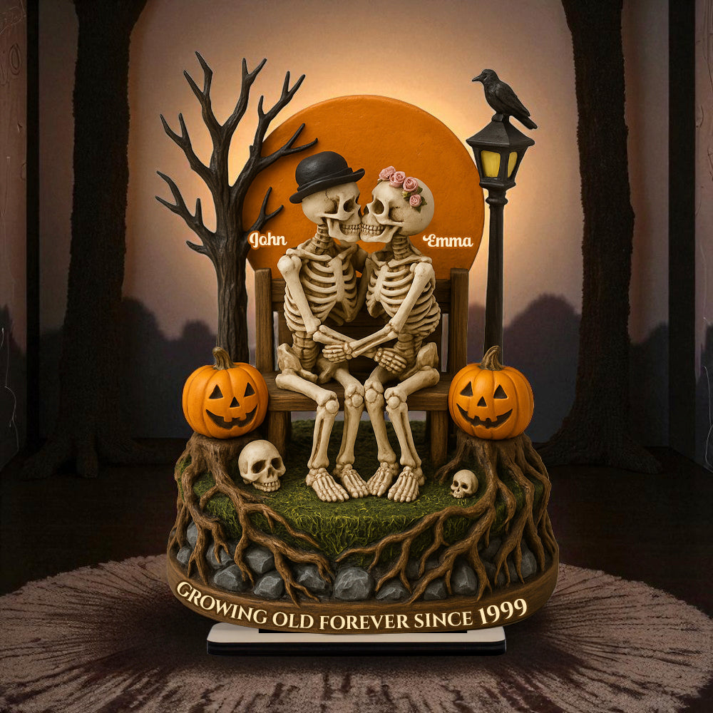 Growing Old Forever Wooden Stand Halloween Skeleton Couple