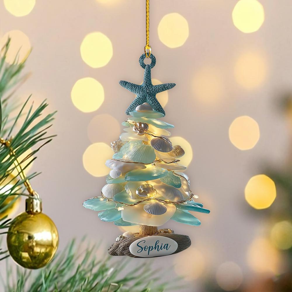Personalized Sea Glass 2D Flat Christmas Tree Ornament, Coastal Ornament, Beach Christmas, Ocean Lover Gift, Holiday Gift For Beach Lovers