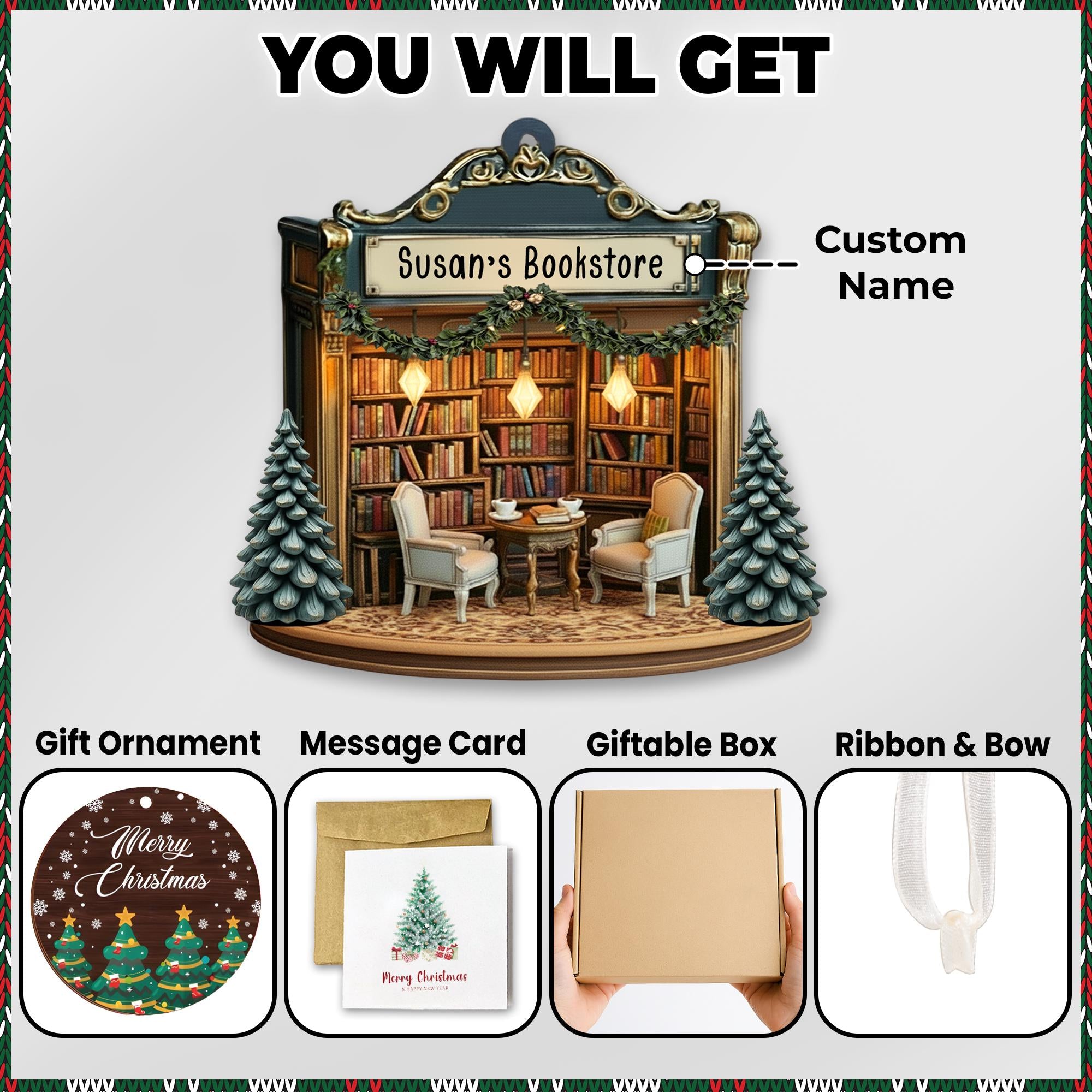 Personalized Bookstore Ornament, Bookish Gift, Christmas Ornament Gift For Book Lovers, Booknerd Gift Custom Book Shop Ornament, Xmas Gift