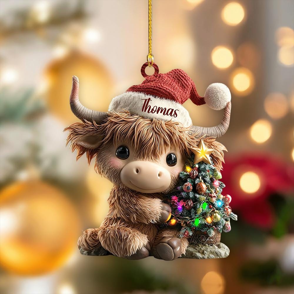 Personalized Highland Cow Christmas Ornament, Highland Cow Ornament Hanging, Funny Cattle Ornament, Highland Cow Lovers Gift