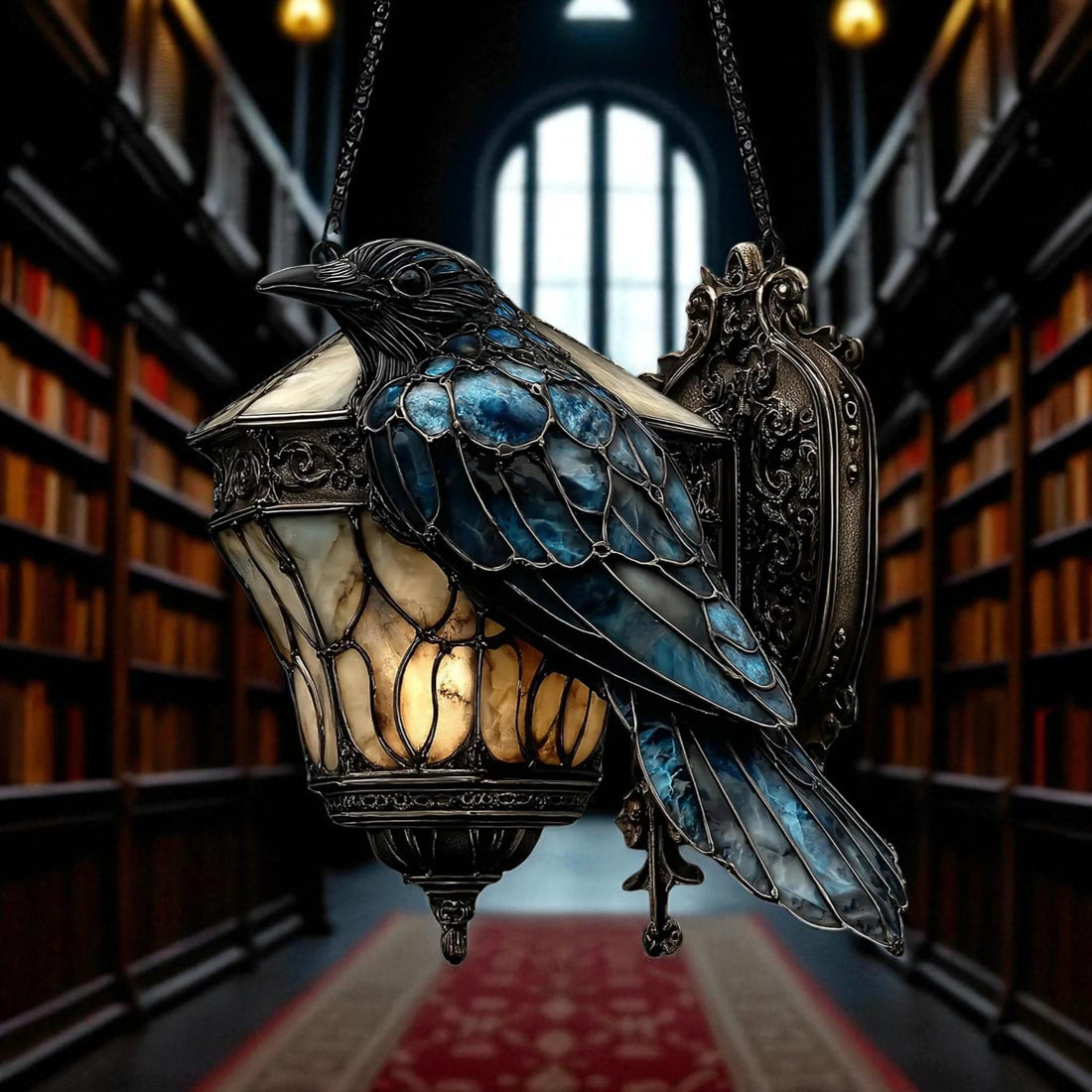 Raven Gothic Lantern Acrylic Suncatcher – 2D Faux Crow on Lamp Halloween Window Hanging, Dark Academia & Spooky Home Decor