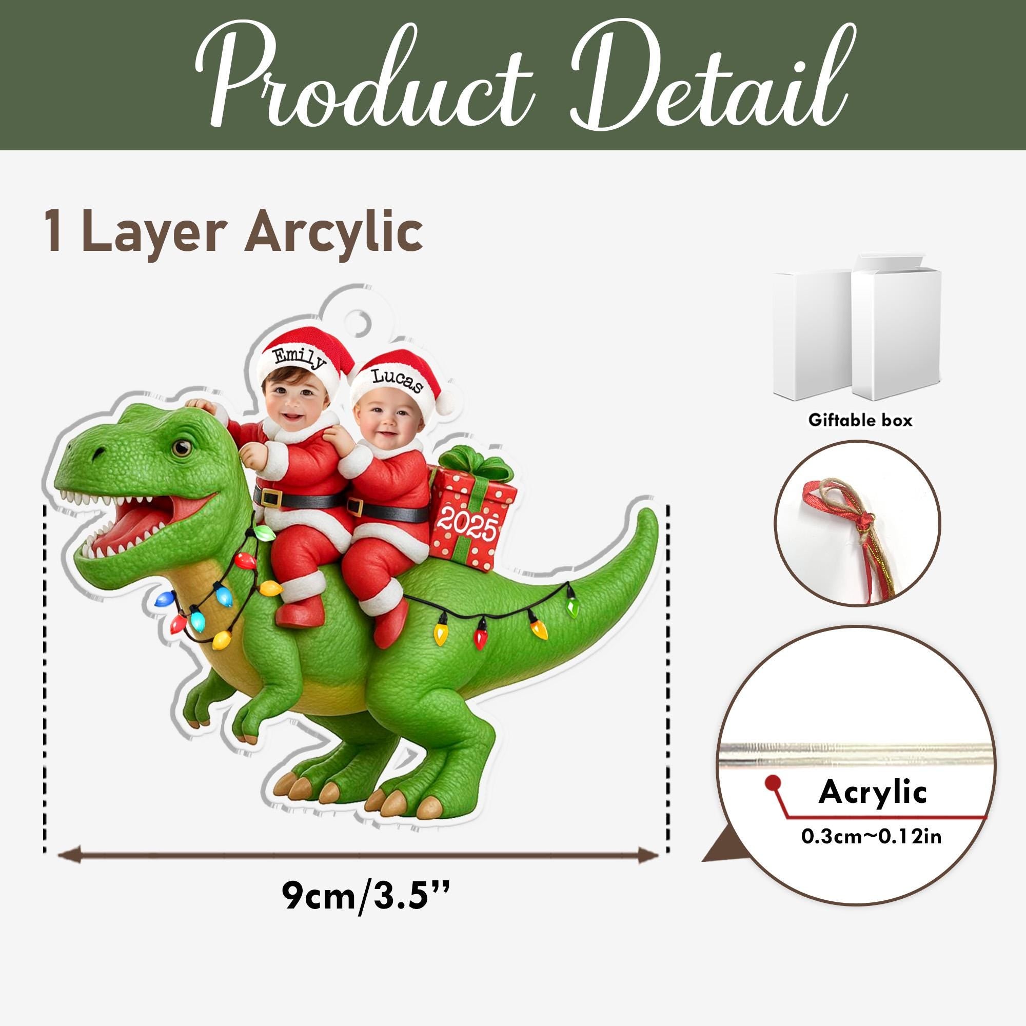 Personalized Dinosaur Christmas Ornament 2025, Custom Kids Photo Ornament, Baby Face Ornament, Grandkids Ornament, Christmas Decoration