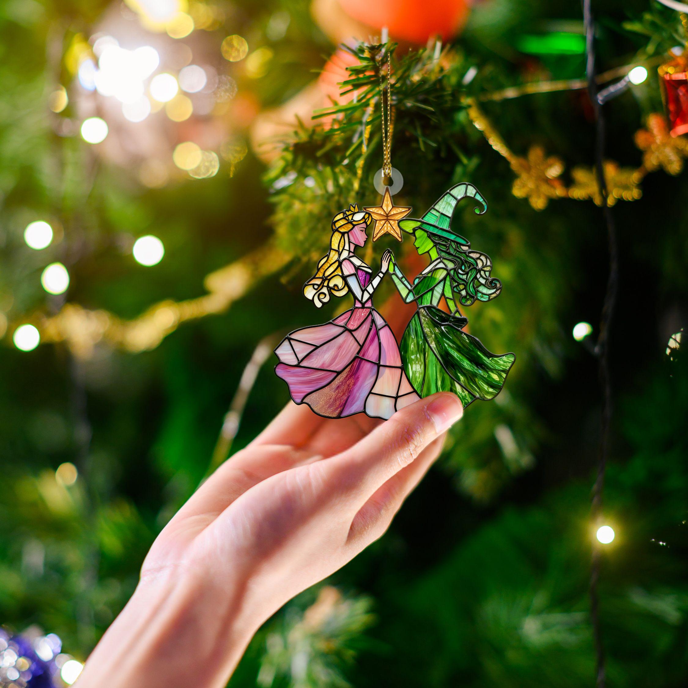 Elphaba and Glinda Stained Christmas Ornament, Wizard of Oz Wicked Musical Fan Art Decor, Xmas Tree Window Decoration