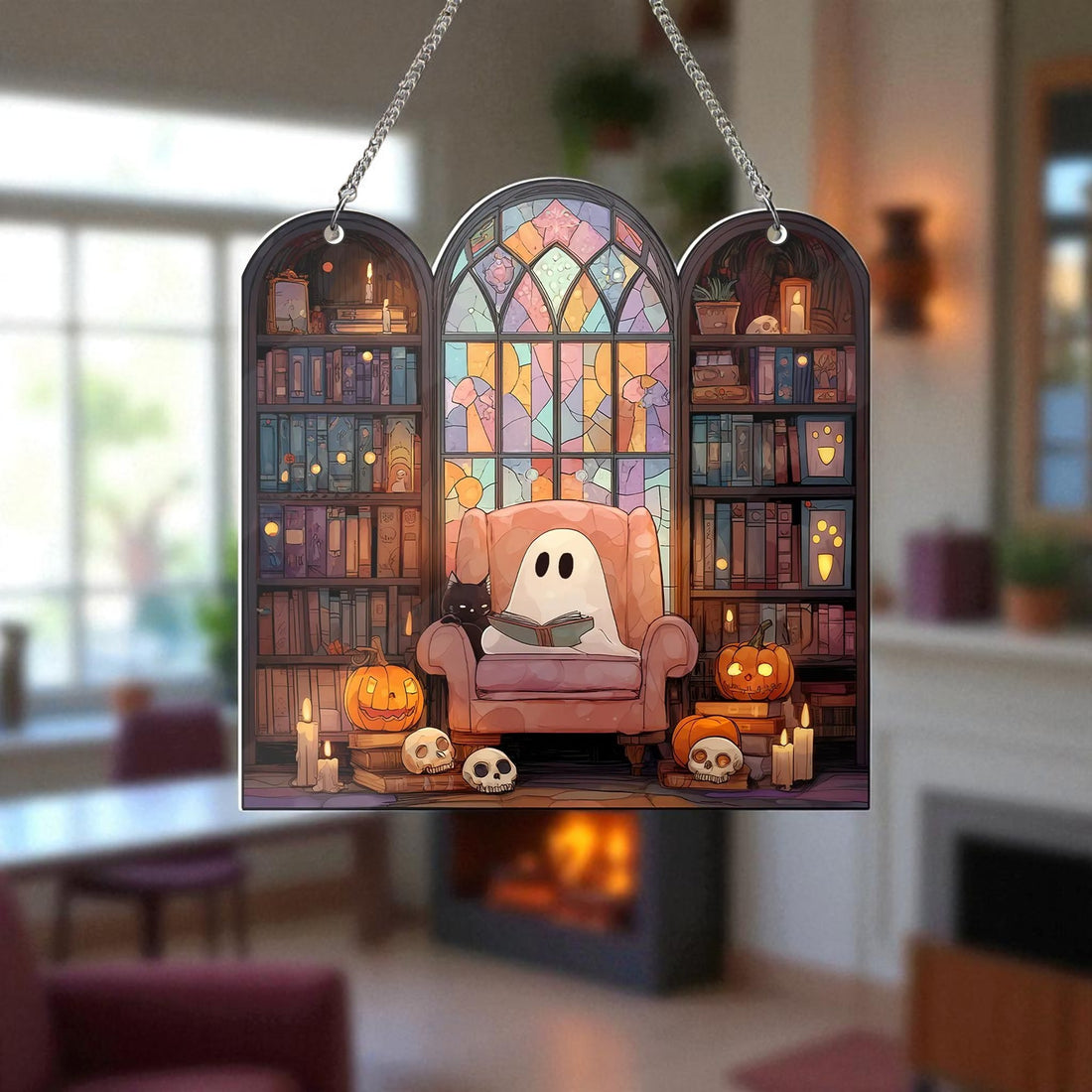 Cute Ghost Reading Book and Black Cat Suncatcher, Spooky Bookish Halloween Home Decor, Book Lover Gift