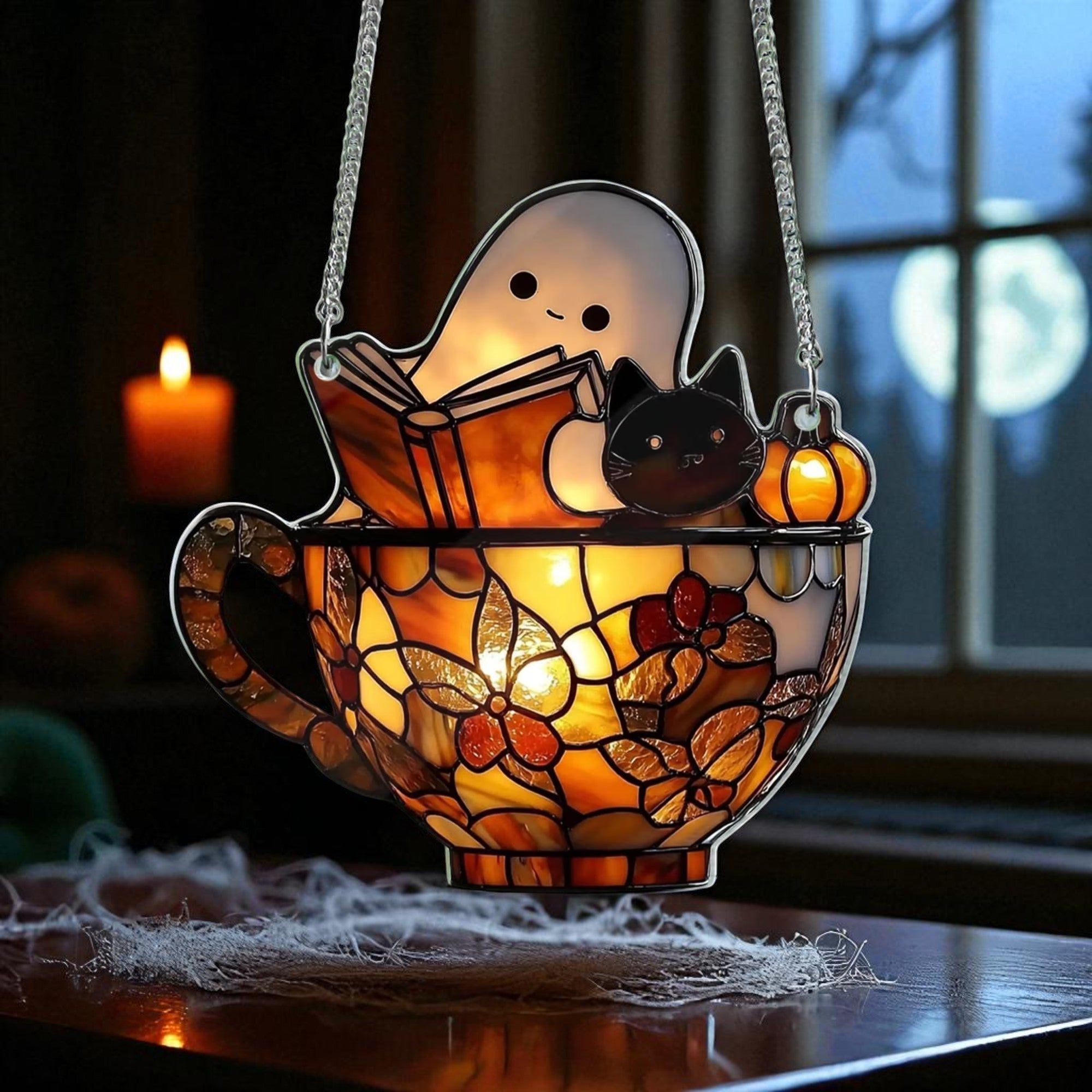 Cute Ghost Reading & Black Cat in Teacup Acrylic Suncatcher – Spooky Bookish Window Hanging, Halloween Bathroom or Library Decor