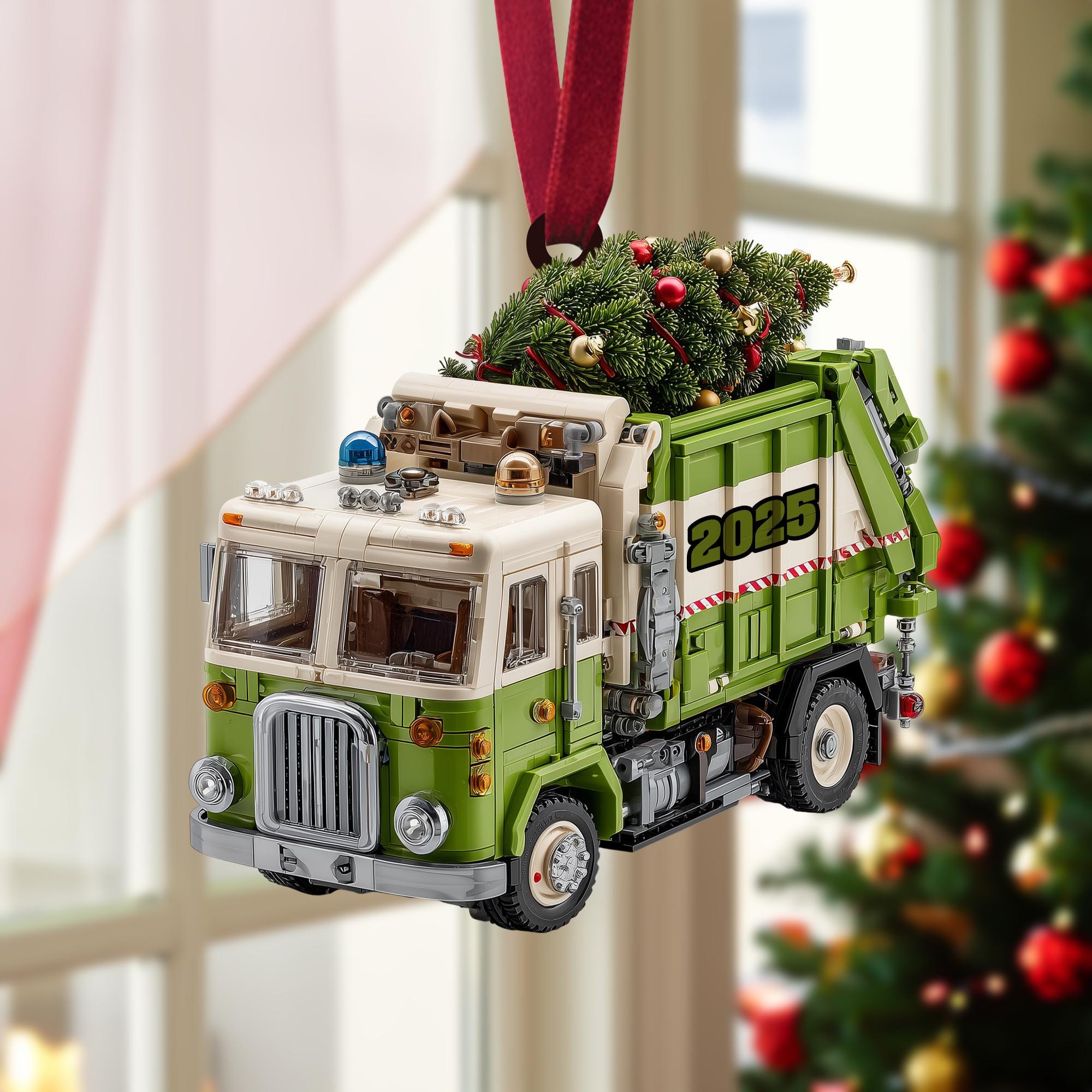 Garbage Truck Christmas Ornament, Green Sanitation Truck with Christmas Tree, Personalized Name Year, Recycling Worker Gift, Holiday 2025
