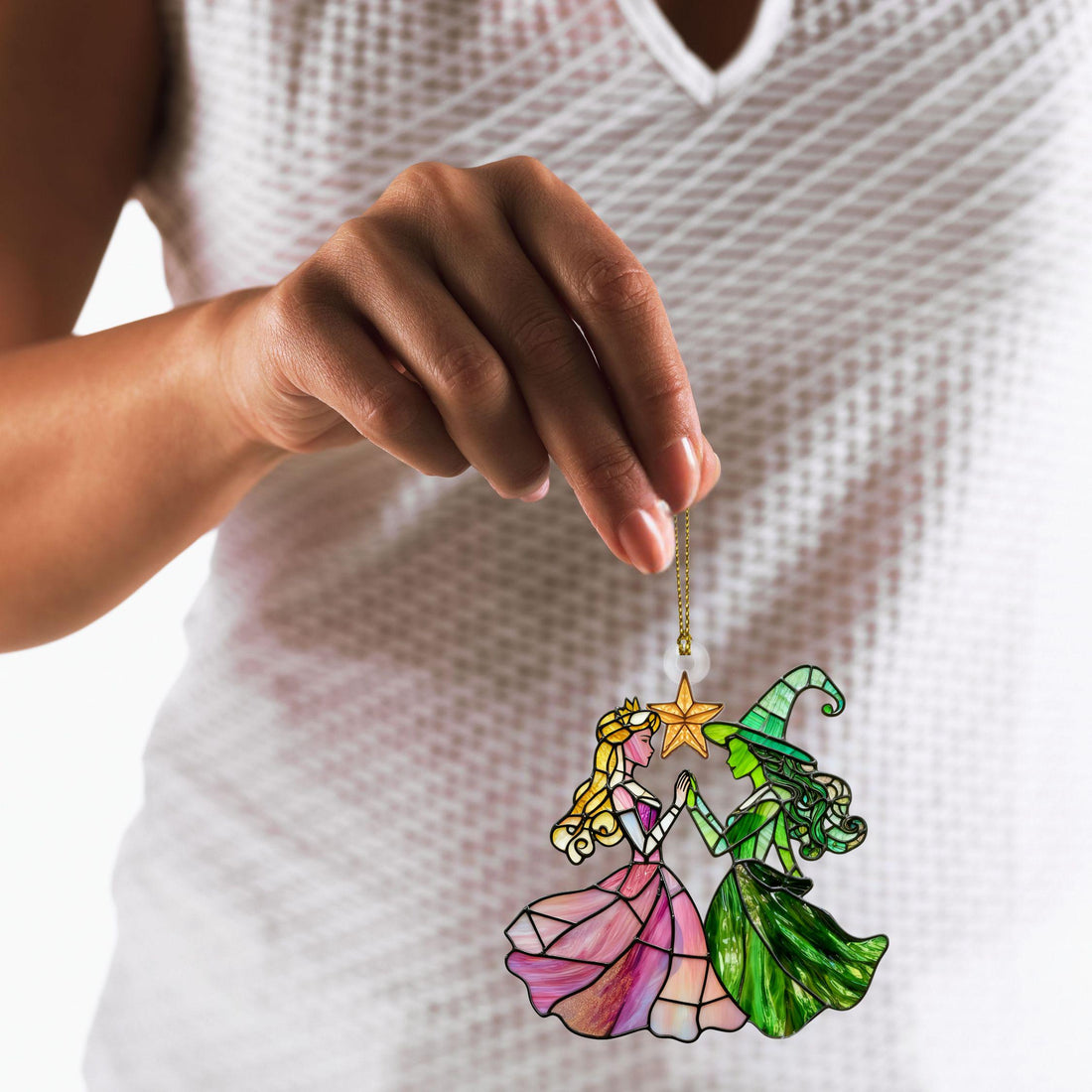 Elphaba and Glinda Stained Christmas Ornament, Wizard of Oz Wicked Musical Fan Art Decor, Xmas Tree Window Decoration