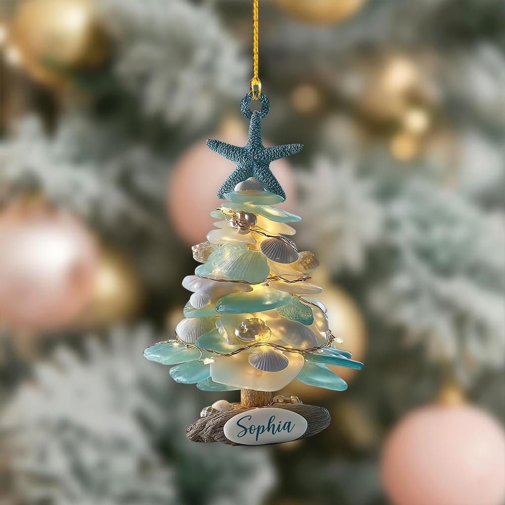 Personalized Sea Glass 2D Flat Christmas Tree Ornament, Coastal Ornament, Beach Christmas, Ocean Lover Gift, Holiday Gift For Beach Lovers