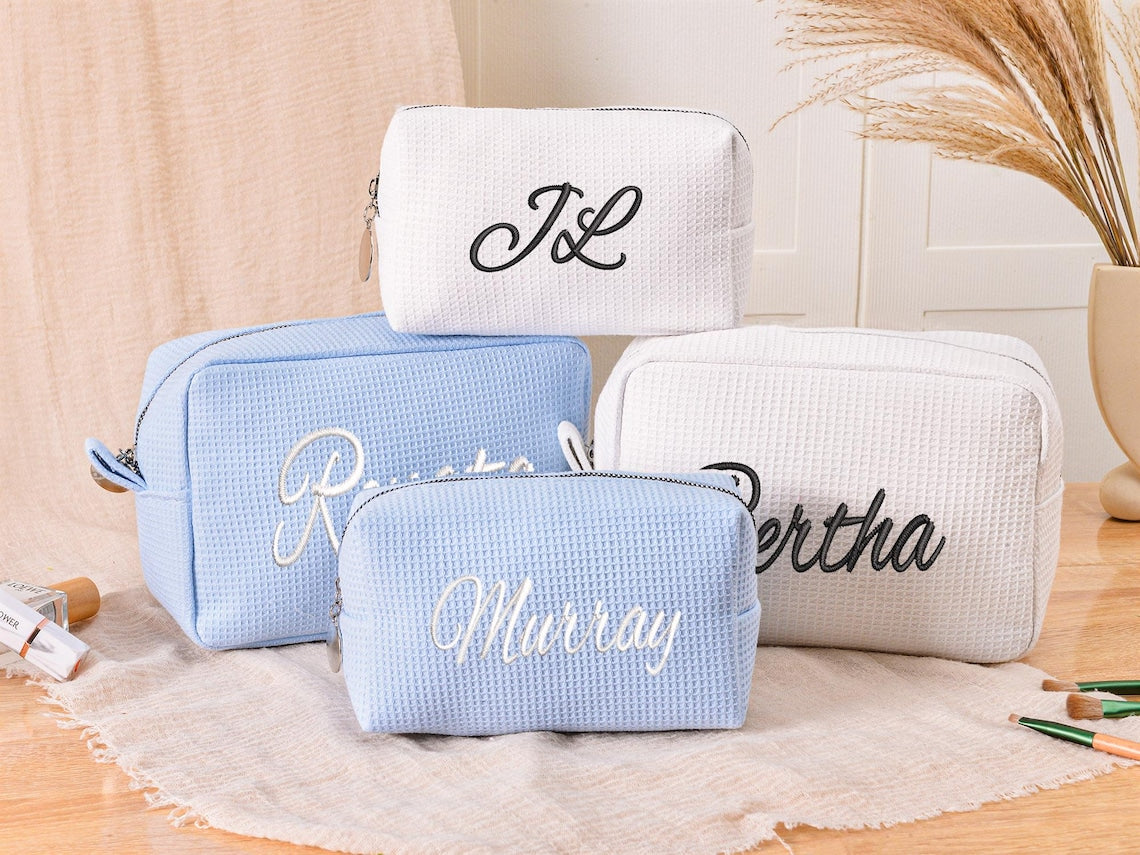 Personalized Name Waffle Cosmetic Bag, Embroidered Monogram Makeup Bag, Bridesmaid Makeup Bag