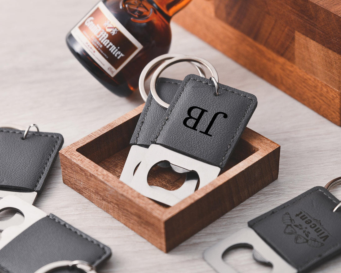 Personalized leather keychain bottle opener, customizable groomsmen gift