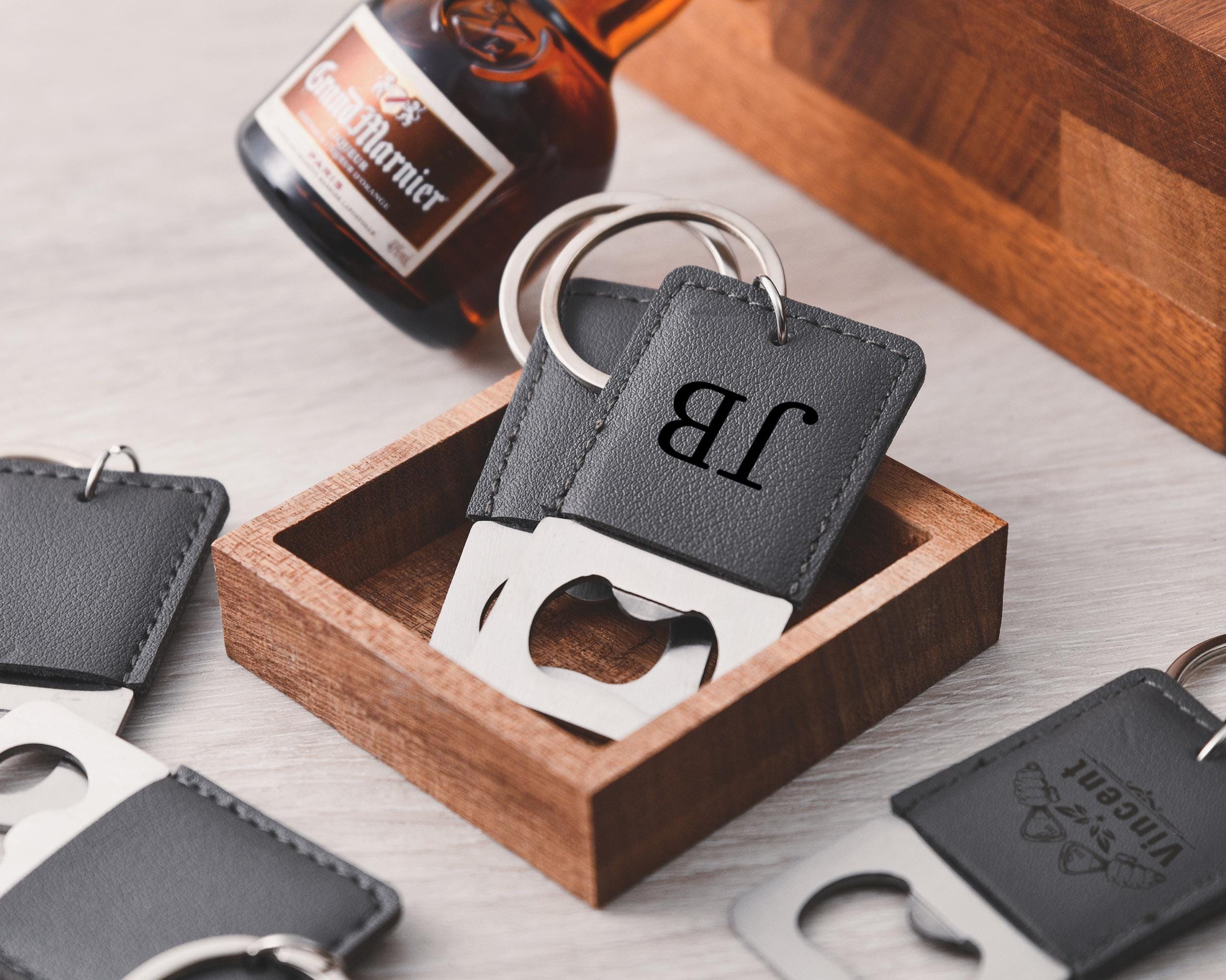 Personalized leather keychain bottle opener, customizable groomsmen gift