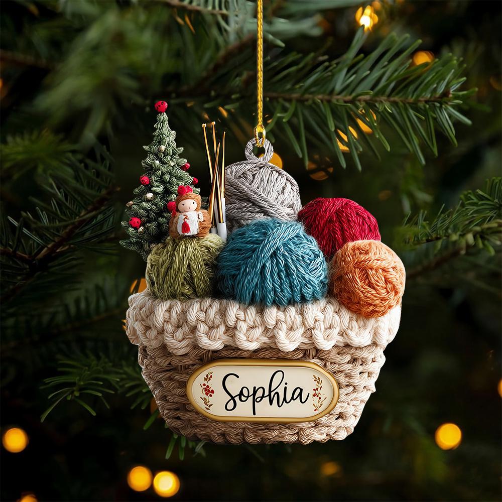 Personalized Knitting Basket Christmas Ornament, 2D Flat Acrylic Yarn Decor for Knitters, Crochet Lover Holiday Gift 2025, Knitting Gift