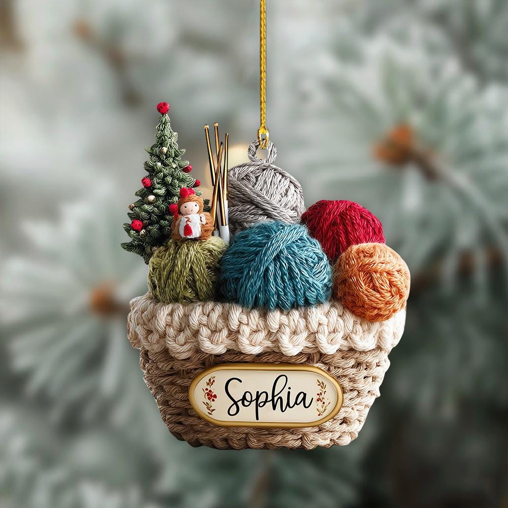 Personalized Knitting Basket Christmas Ornament, 2D Flat Acrylic Yarn Decor for Knitters, Crochet Lover Holiday Gift 2025, Knitting Gift