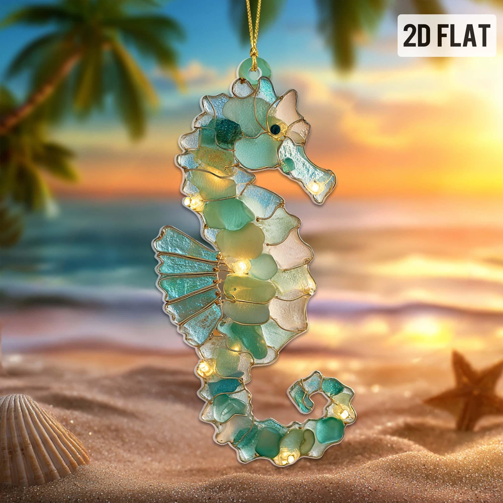 Sea Glass Ocean Ornament Set, 2D Flat Turtle Crab Shell Seahorse Christmas Decorations, Coastal Beach Decor, Sea Animal Christmas Decor