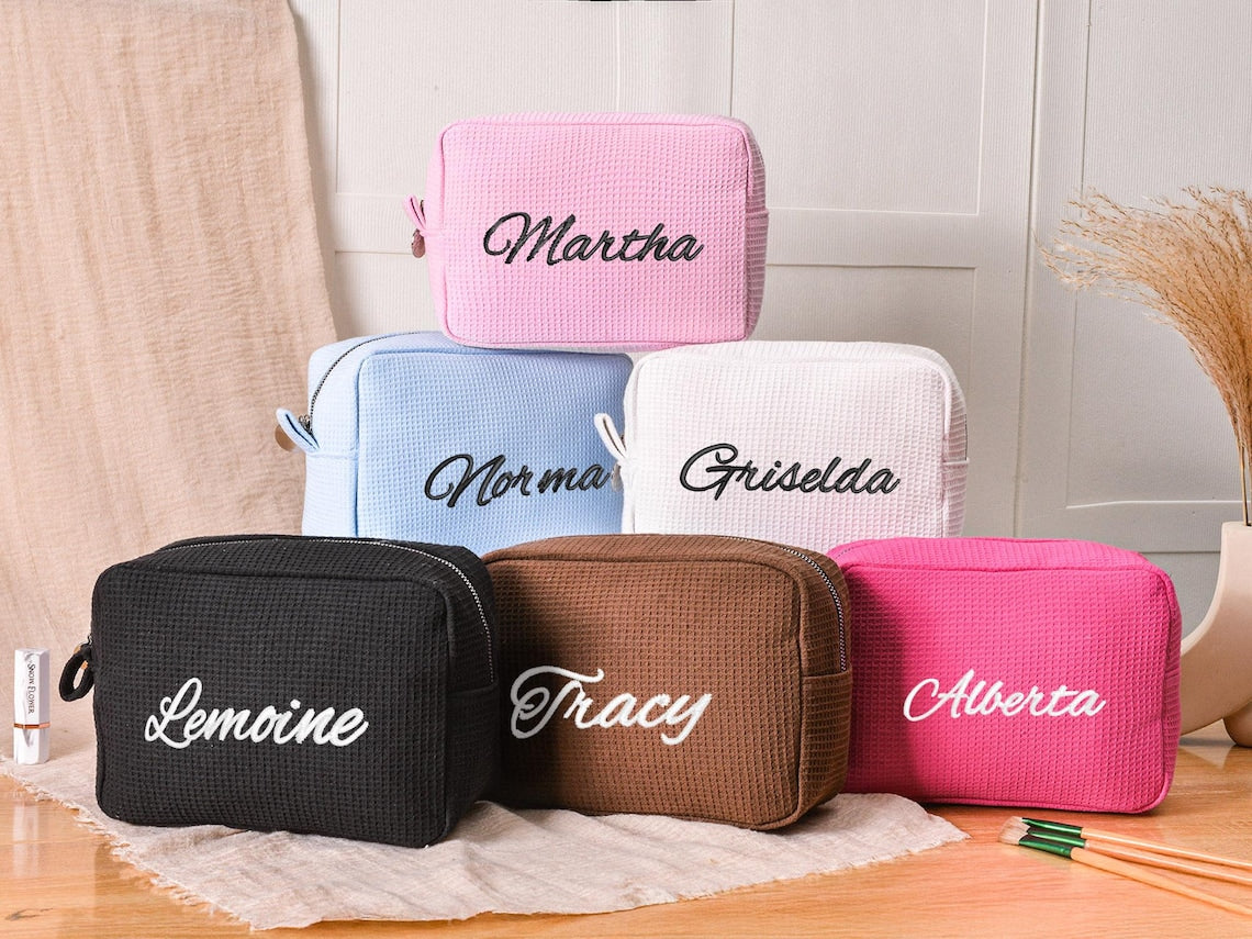 Personalized Name Waffle Cosmetic Bag, Embroidered Monogram Makeup Bag, Bridesmaid Makeup Bag