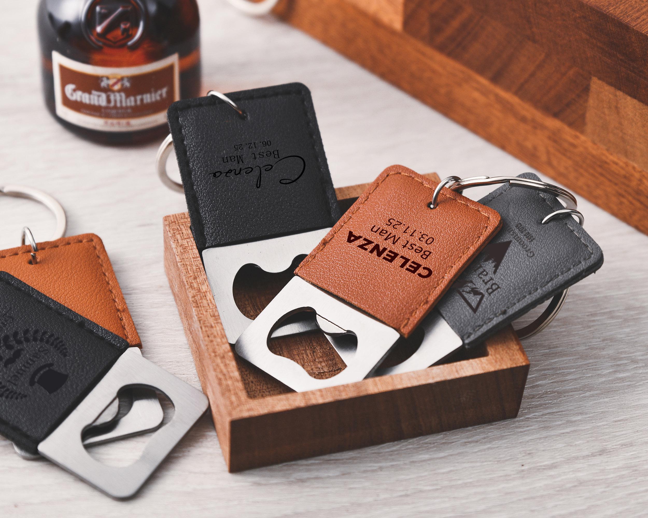 Personalized leather keychain bottle opener, customizable groomsmen gift
