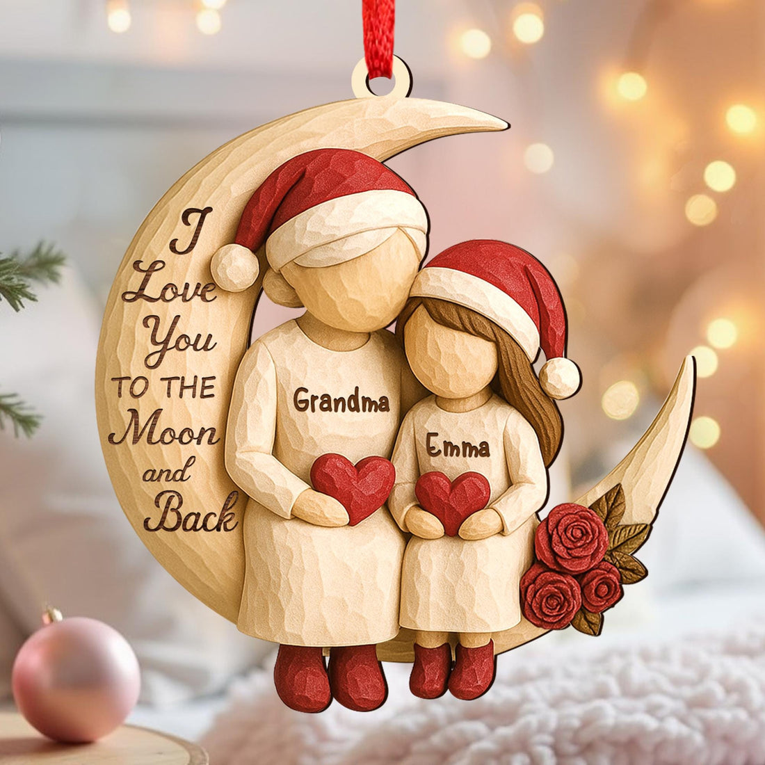 Custom Grandma Grandkids on Moon Ornament, Grandma Christmas Keepsake, Heartfelt Christmas Gift from Grandkids, 2D Wooden Ornament