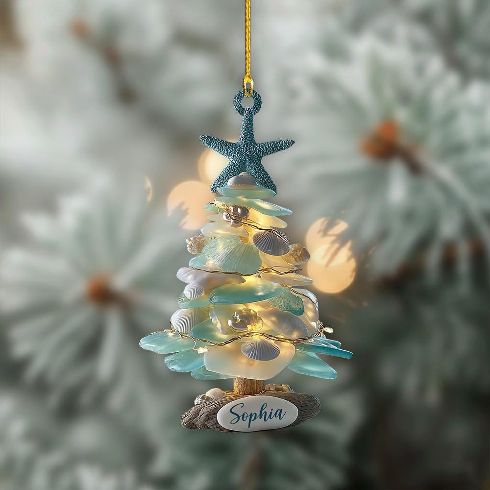 Personalized Sea Glass 2D Flat Christmas Tree Ornament, Coastal Ornament, Beach Christmas, Ocean Lover Gift, Holiday Gift For Beach Lovers