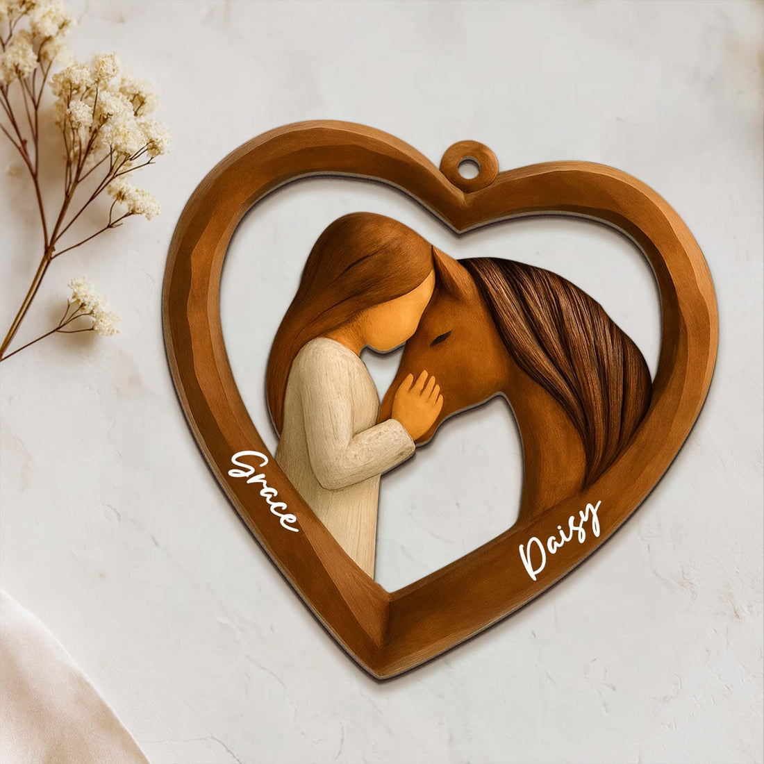 Personalized Horse and Girl Heart 2 layered Wooden Ornament, Carving Horse Lover Acrylic - Wooden Ornament, Gift for Women and Horse Owners