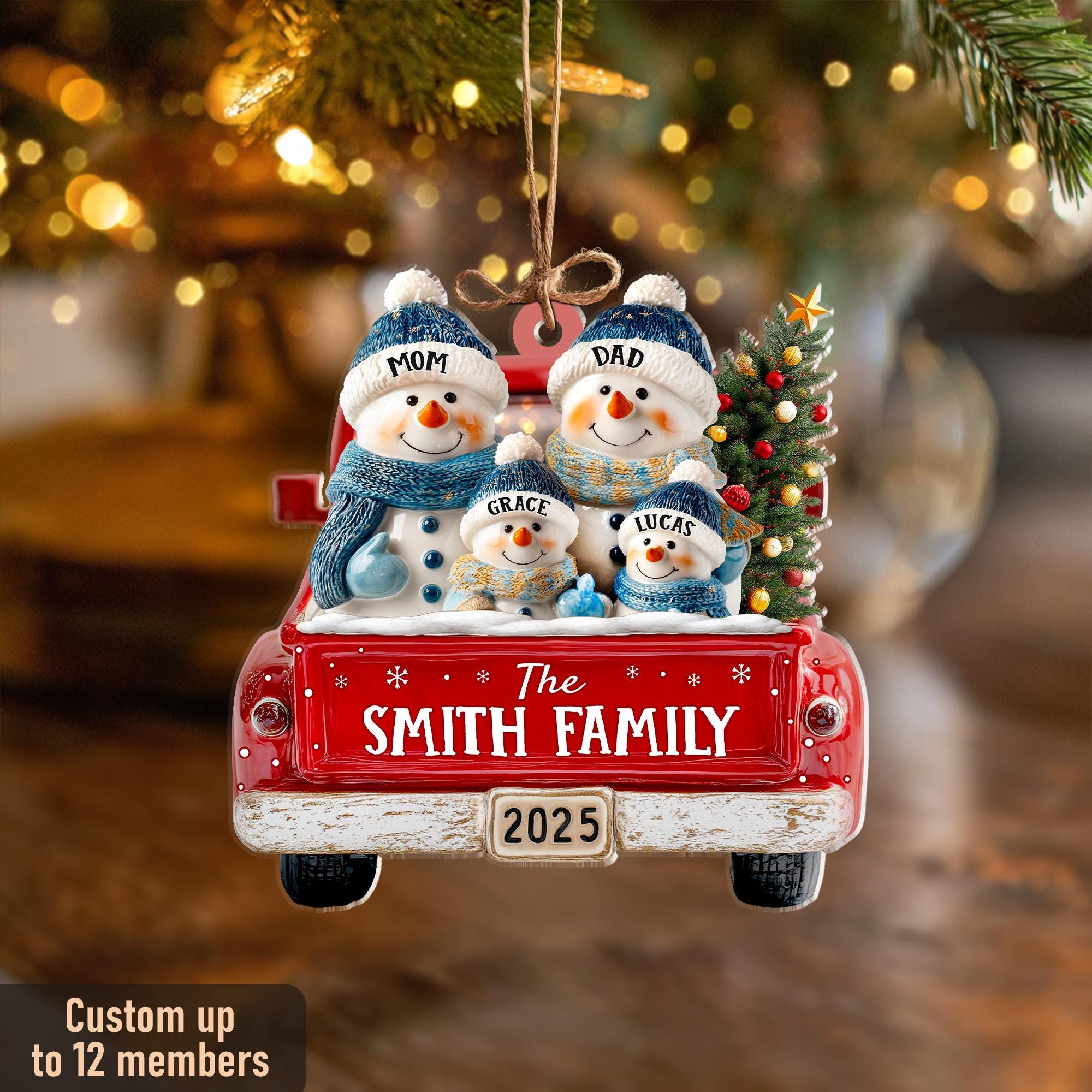 Personalized Snowman Family Ornament, Custom Family Of 3 4 5 6 Christmas Ornament, Red Truck Christmas Ornament, Christmas Tree Decor