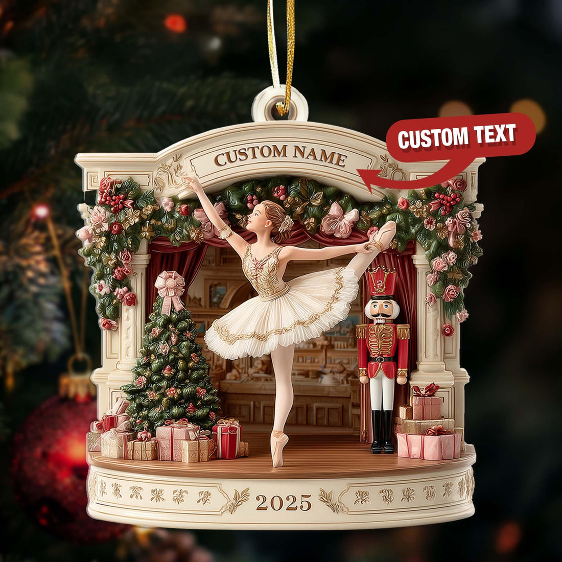 Personalized Nutcracker Ballet Flat Ornament 2025 – Custom Name Ballerina Stage Christmas Decor