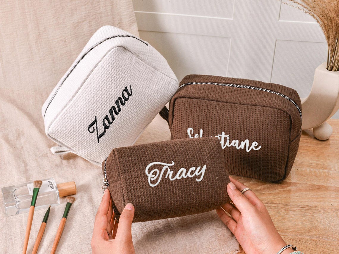 Personalized Name Waffle Cosmetic Bag, Embroidered Monogram Makeup Bag, Bridesmaid Makeup Bag
