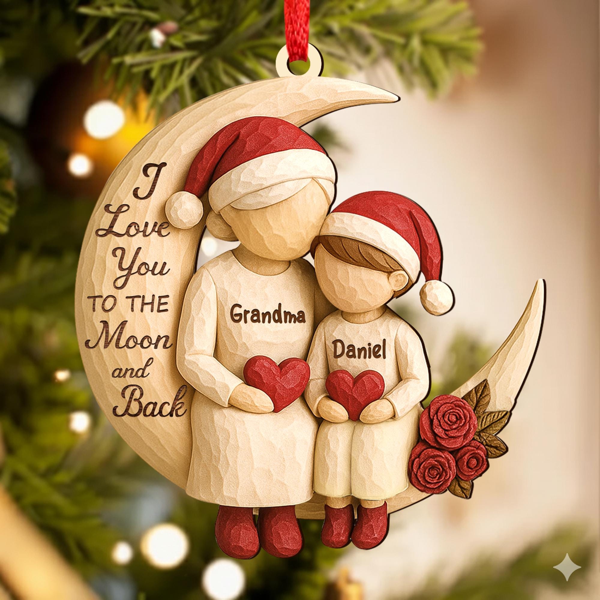 Custom Grandma Grandkids on Moon Ornament, Grandma Christmas Keepsake, Heartfelt Christmas Gift from Grandkids, 2D Wooden Ornament