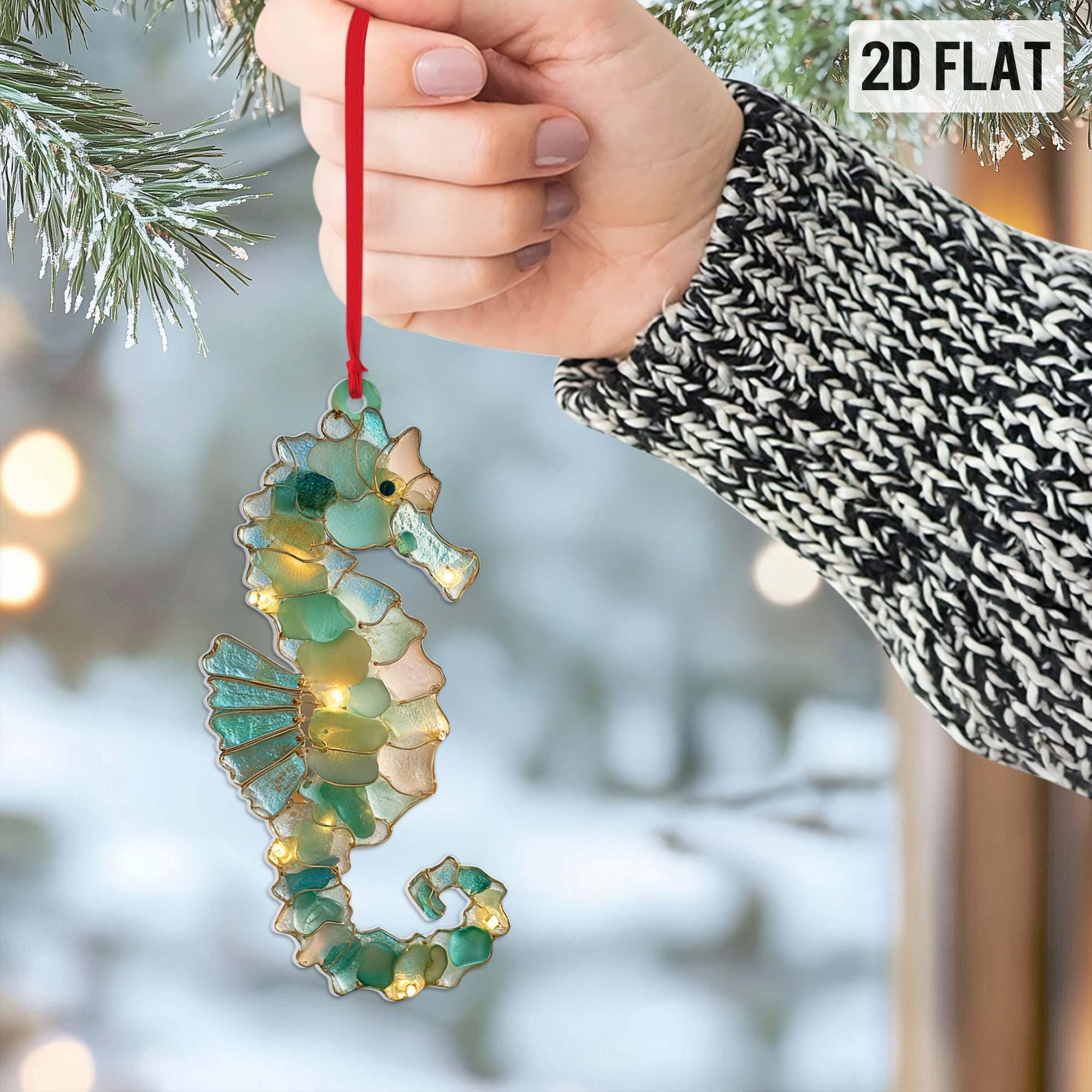 Sea Glass Ocean Ornament Set, 2D Flat Turtle Crab Shell Seahorse Christmas Decorations, Coastal Beach Decor, Sea Animal Christmas Decor