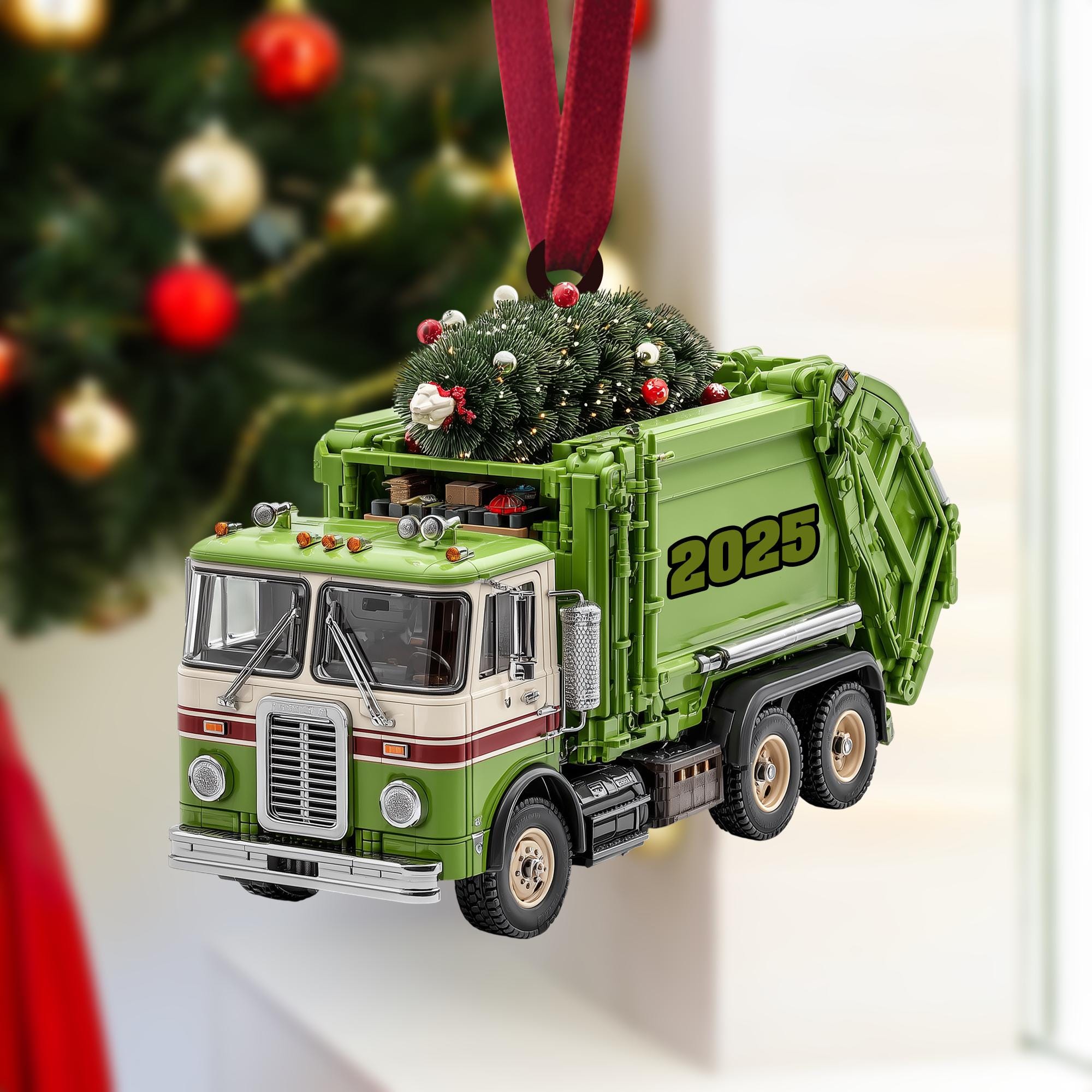 Garbage Truck Christmas Ornament, Green Sanitation Truck with Christmas Tree, Personalized Name Year, Recycling Worker Gift, Holiday 2025