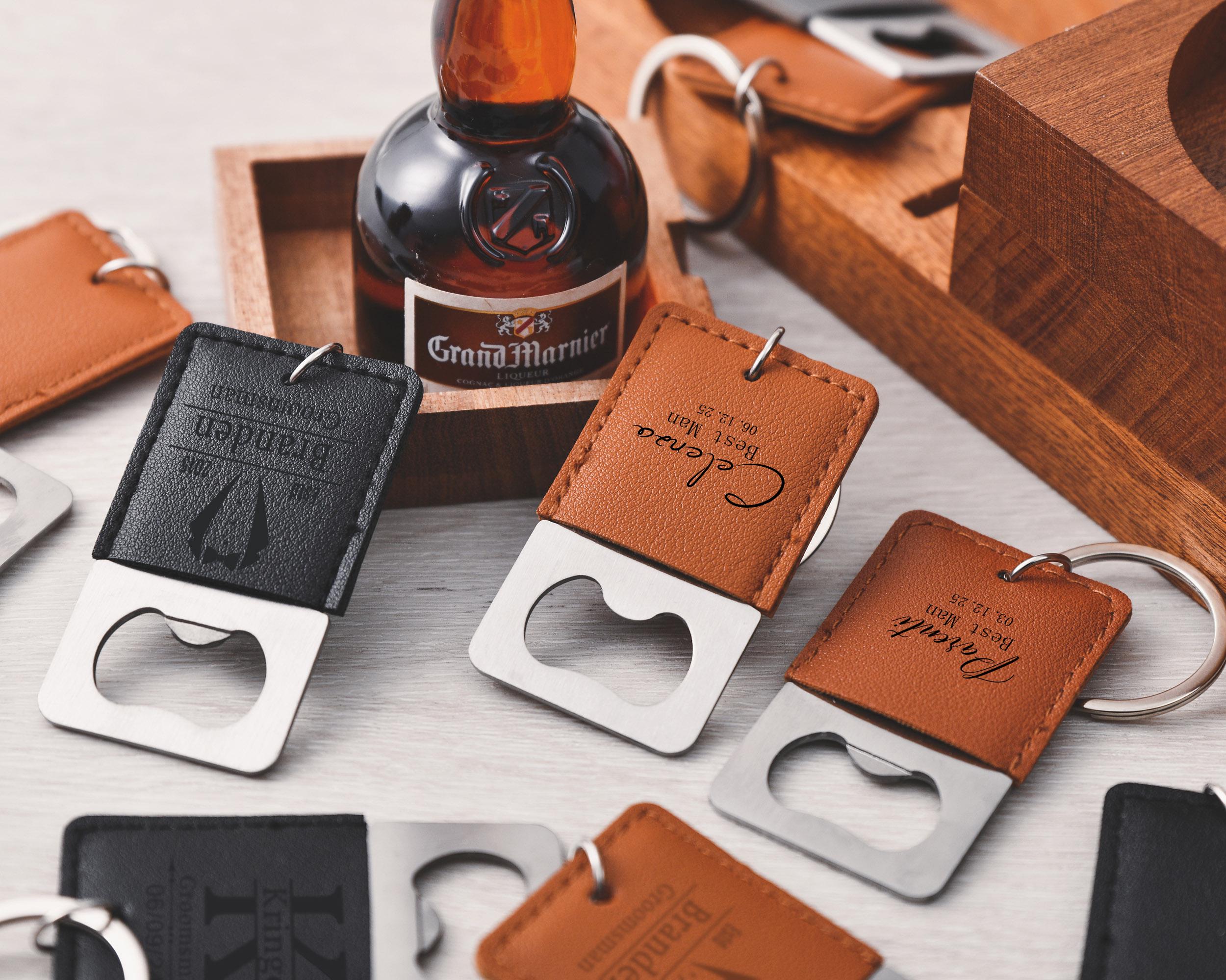 Personalized leather keychain bottle opener, customizable groomsmen gift