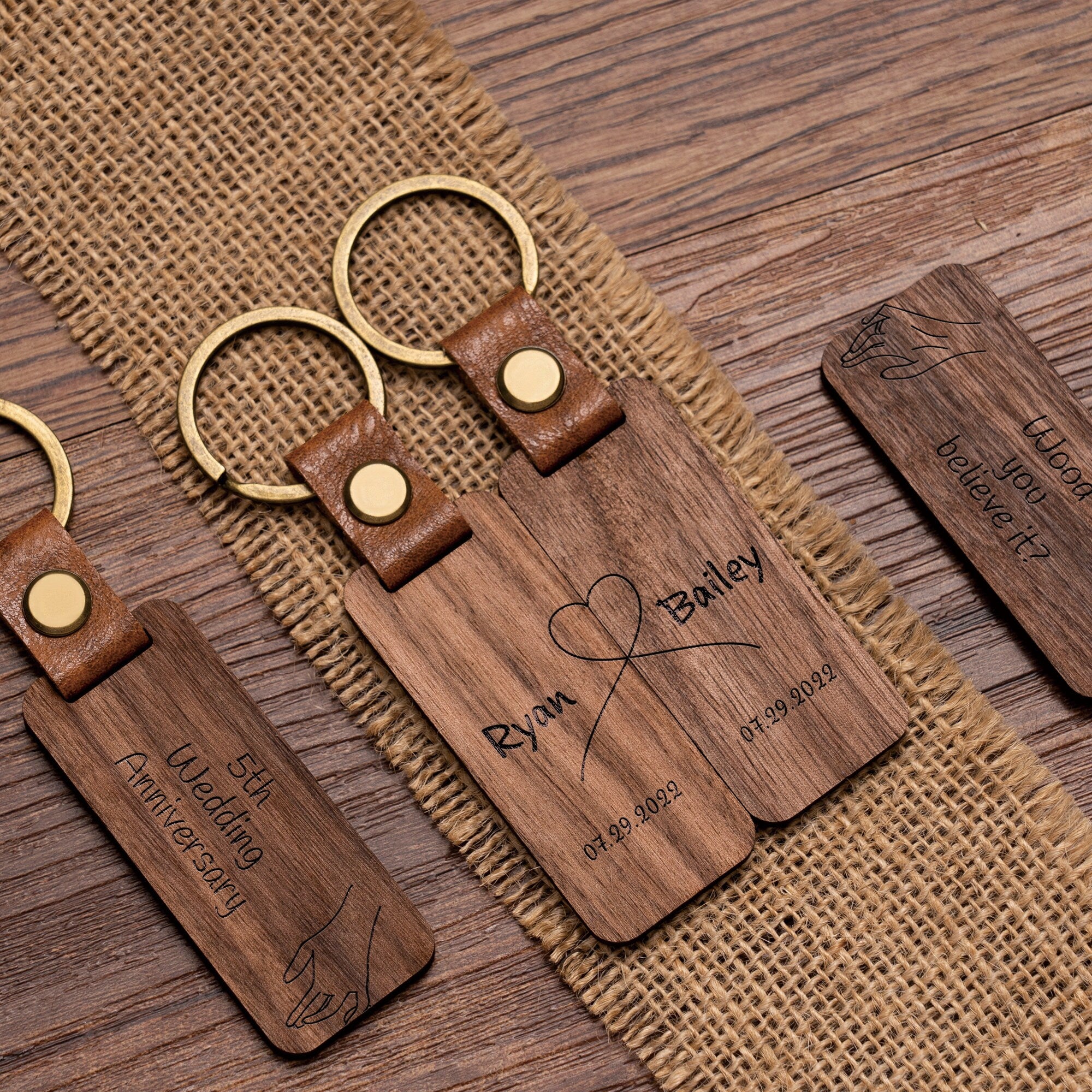 Personalised Wood Couple Keychain, Engraved Keyrings for Couple, Gift For Boyfriend or Husband