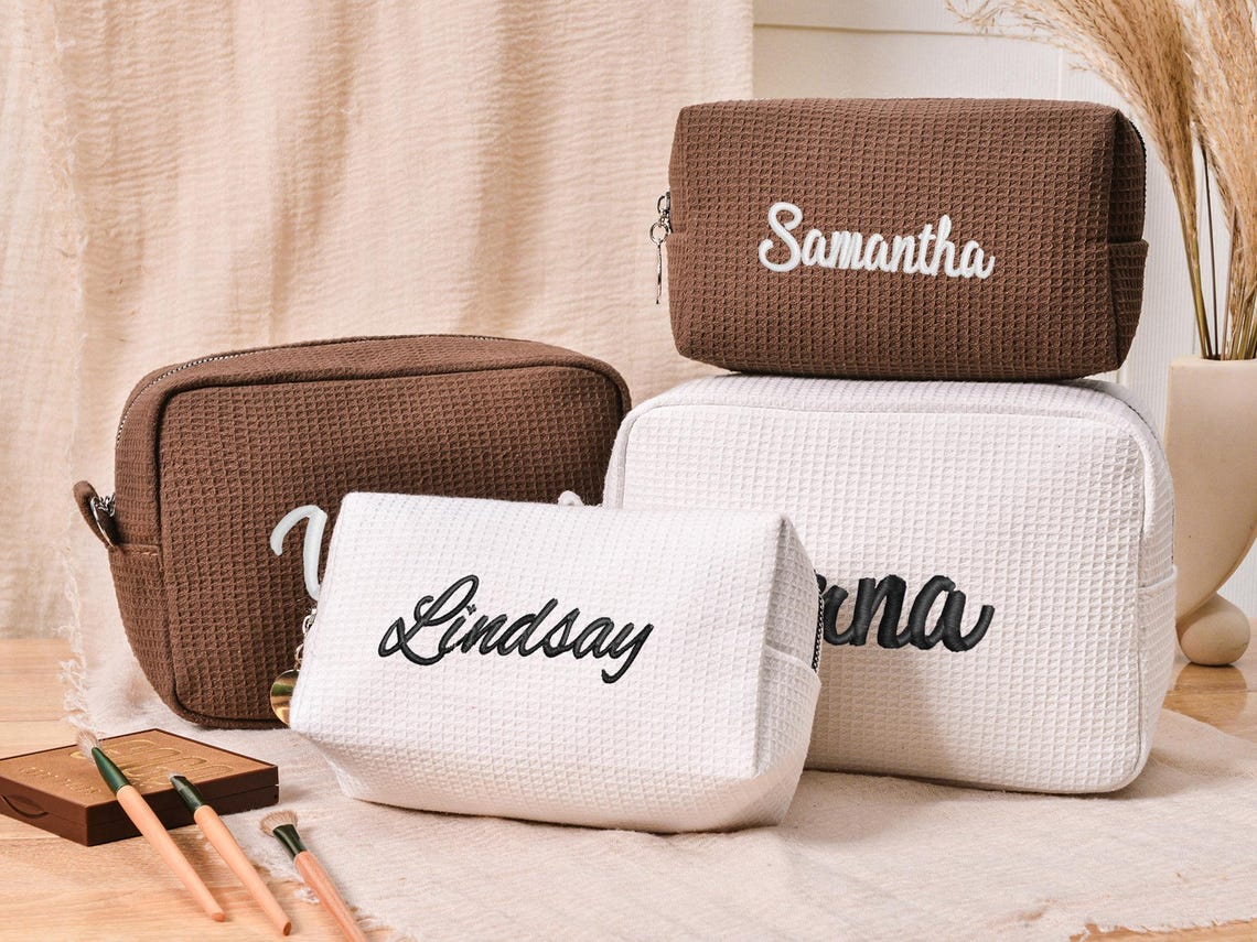Personalized Name Waffle Cosmetic Bag, Embroidered Monogram Makeup Bag, Bridesmaid Makeup Bag