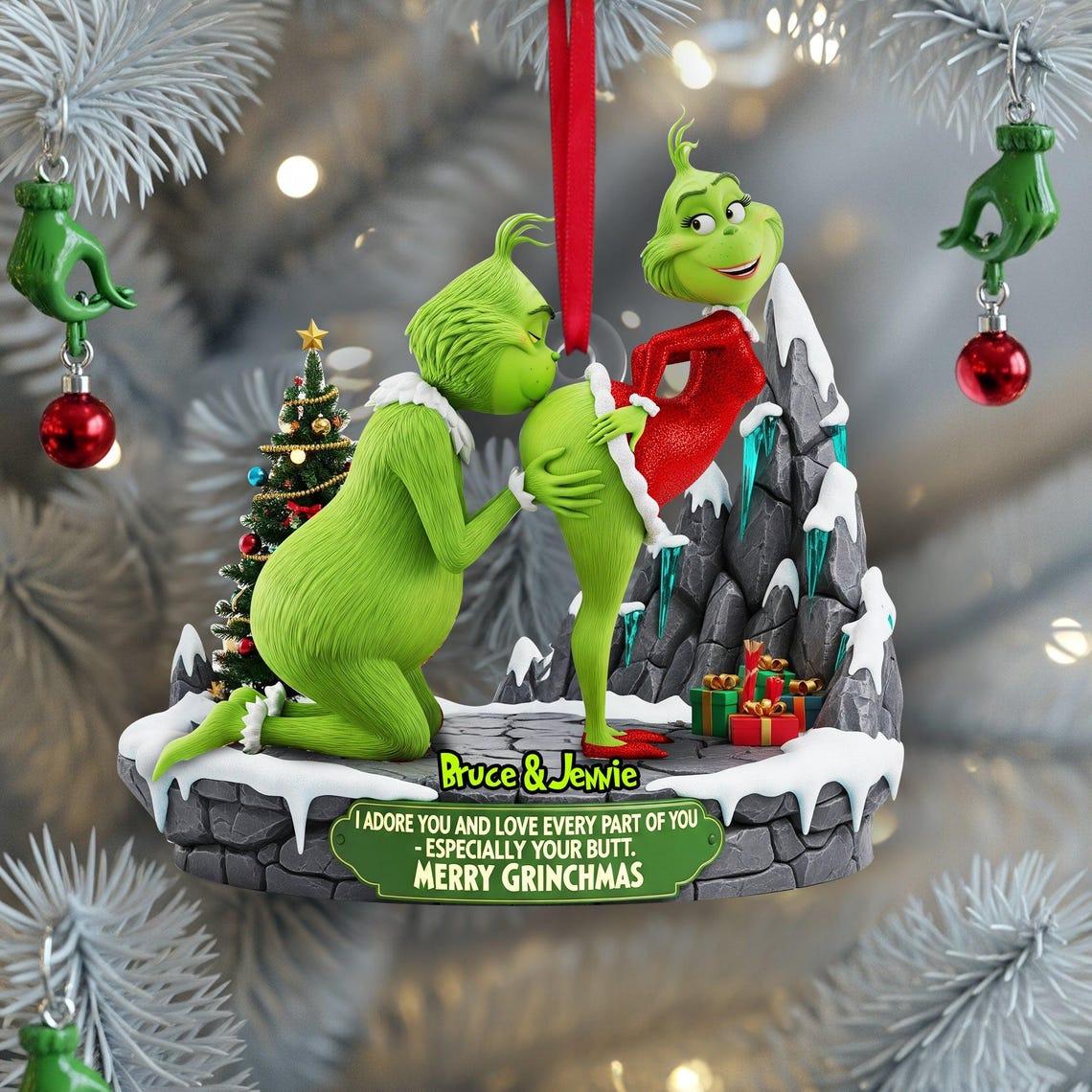 Personalized Green Monster Couple Christmas Ornament, I Adore You , Custom Holiday Tree Decoration, Flat 2D Ornament, Merry Grinchmas Gift
