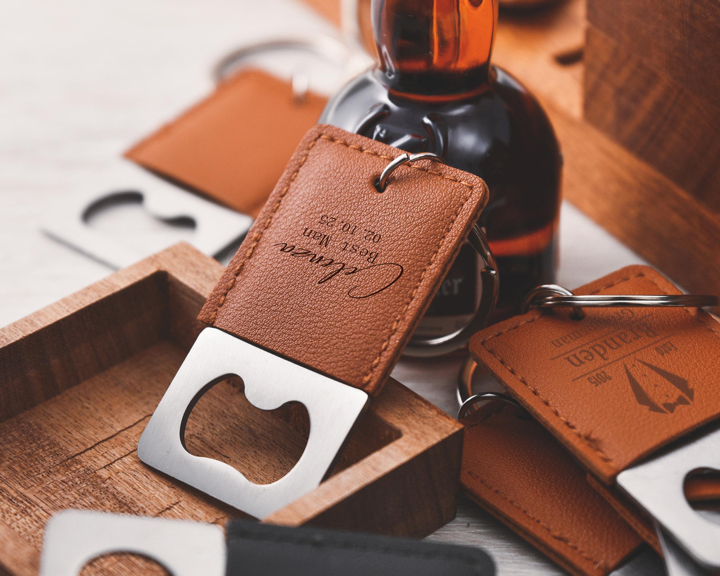 Personalized leather keychain bottle opener, customizable groomsmen gift
