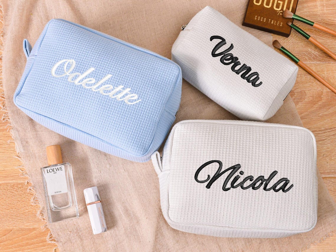 Personalized Name Waffle Cosmetic Bag, Embroidered Monogram Makeup Bag, Bridesmaid Makeup Bag