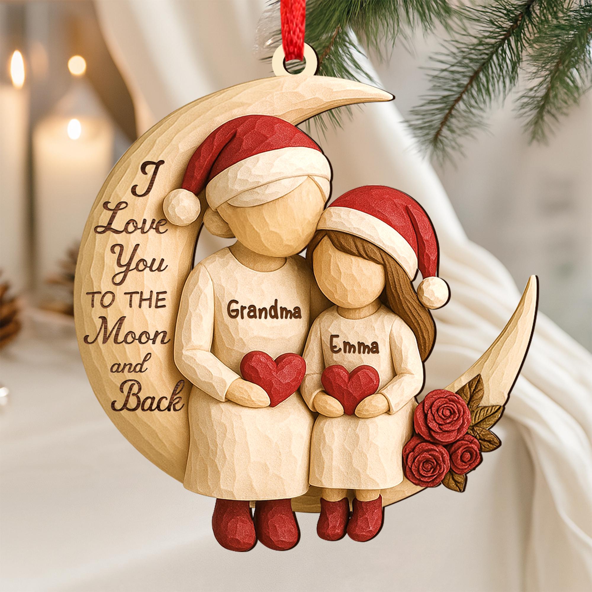 Custom Grandma Grandkids on Moon Ornament, Grandma Christmas Keepsake, Heartfelt Christmas Gift from Grandkids, 2D Wooden Ornament