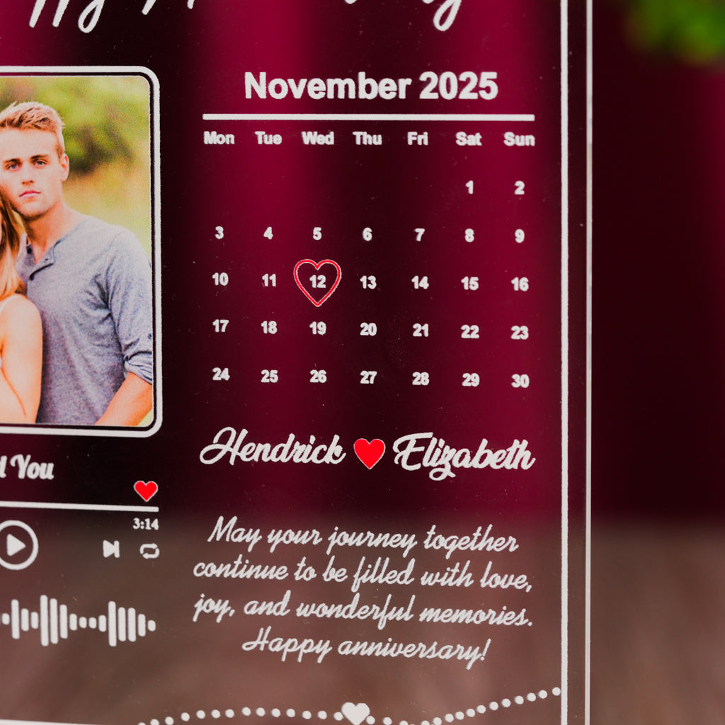 Custom Spotify Song Plaque with Calendar & Photo – Romantic Gift for Couples