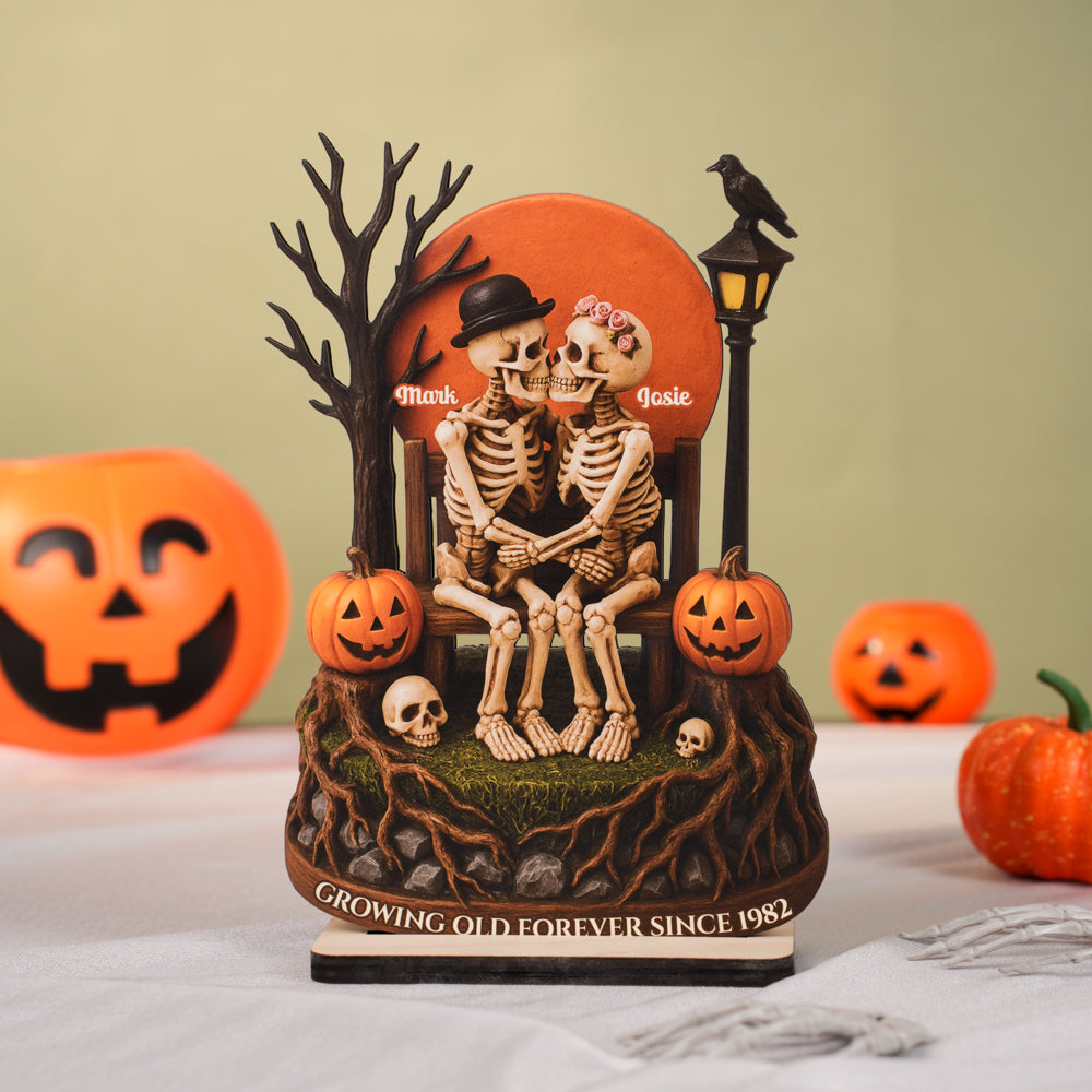 Growing Old Forever Wooden Stand Halloween Skeleton Couple