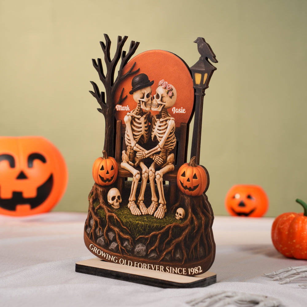 Growing Old Forever Wooden Stand Halloween Skeleton Couple