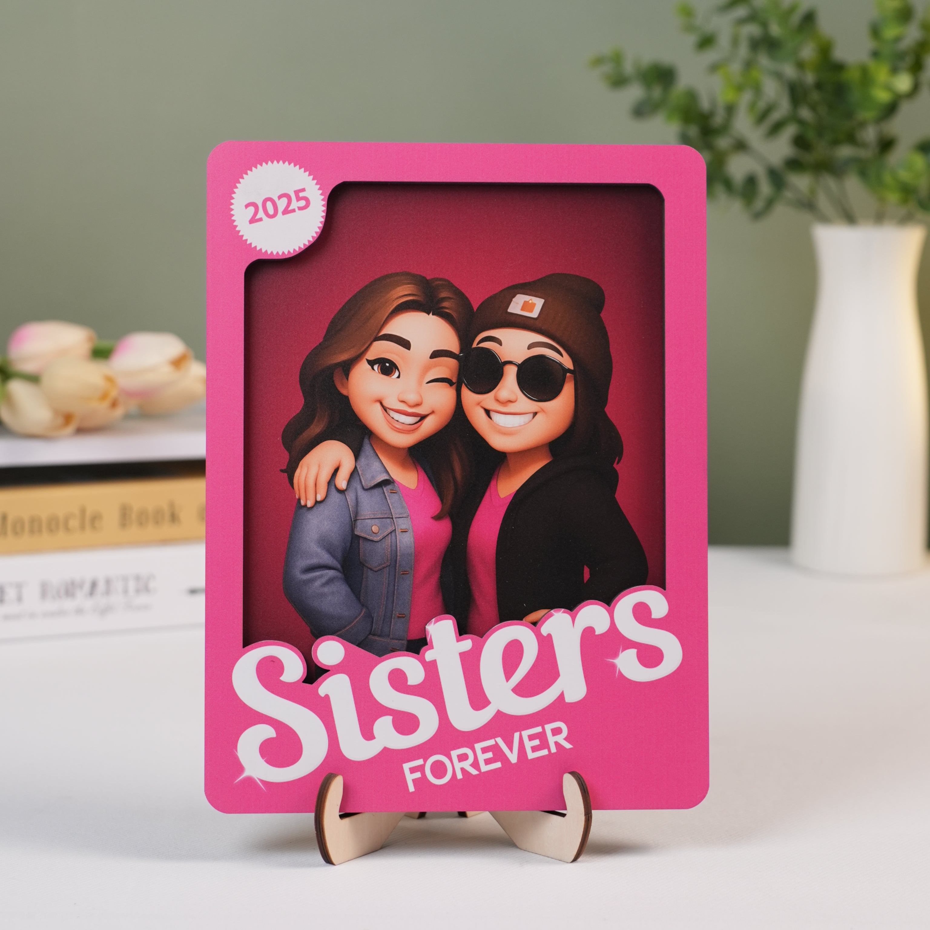 Besties Forever - Sisters Forever - Partner in crime Pink Action 3D Effect, Personalized Wooden Frame, Meaningful Gift For Best Friend