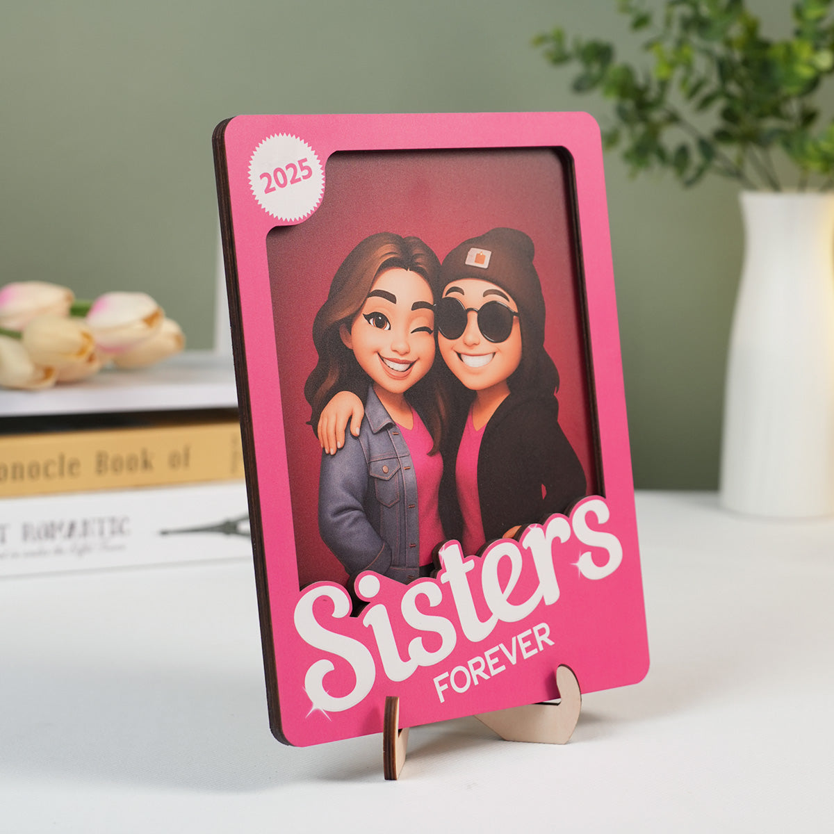 Besties Forever - Sisters Forever - Partner in crime Pink Action 3D Effect, Personalized Wooden Frame, Meaningful Gift For Best Friend